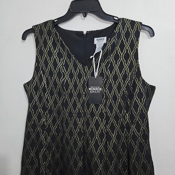 NWT! Black/Gold Sparkle Pleated Stretch A-Line Monroe & Main Midi Dress. Size 14 - Picture 2 of 6